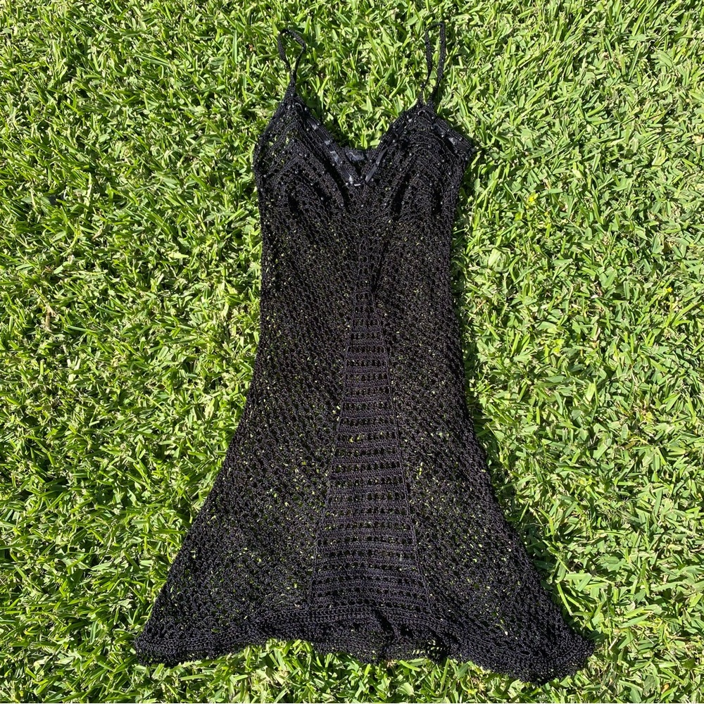 Black Allover Crochet Beaded Sweet Heart Adjustable Straps Women’s Dress Small